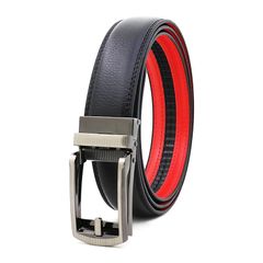 [Brand New] [ulterra] Men's Leather Belt, Auto-Lock, Gift Box Included, Stylish, No Holes, Business, Suit, Casual, One Size Fits All (Black/Red) 1