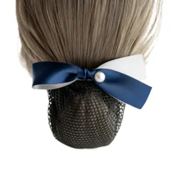 シニヨンネット バレッタ ネット付き ダブルサテン リボン お団子ネット レディース ヘアアクセサリー 髪留め (ネイビー) [ネイビー]
