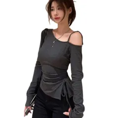 [レグエイト] Y2K ワンショルダー トップス 夏 秋 春 オフショルダー クロップド丈 レディース 肩だし ショート丈 長袖 Tシャツ 肩紐 リボンデザイン カットソー 韓国 (JP, アルファベット, L, グレー) [グレー] [L]