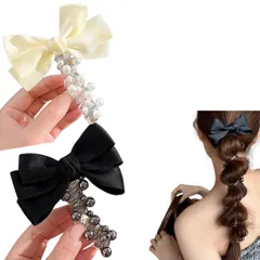 ヘアゴム ヘアアクセサリー コイルポニー パール ワイヤーポニー 電話コード型 髪ゴム おしゃれ 可愛い 跡がつかない スプリングヘアゴム 髪飾り ２個セット (リボン) [リボン]