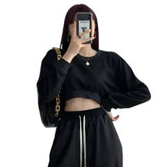 [レグエイト] レディース ショート丈 スウェット トレーナー 長袖 プルオーバー 丸首 ゆったり ストリート 無地 シンプル 着痩せ 韓国ファッション 春 秋 冬 (JP, アルファベット, XL, ブラック) 