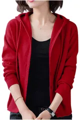 [ネコート] カーディガン レディース フード付き きれいめ パーカー ニット 春 秋 冬 長袖 羽織 選べるカラー レッド フリーサイズ [レッド] [Free Size]