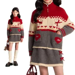 新品 [Barry Banny] 女の子 子供服 上下セット カーディガン セーター ニットスカート セットアップ ハート 犬柄 ポケット付き レッド 保温 ジャカード リボン 高弾力 秋冬 キッズ クリスマス 150