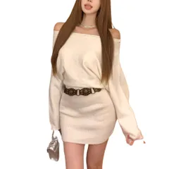 [AQUA Marine] オフショルダー リブニット ワンピース レディース ミニ丈 長袖 タイト フィット きれいめ 韓国風 大人コーデ オフショル リブワンピース かわいい スタイルアップ (JP, アルファベット, S, ホワイト [ホワイト] [S]