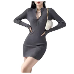 [ReiLuana] ワンピース レディース 長袖 タイト ミニ リブ ニット フロント ジップ セクシー デコルテ人気 かわいい お洒落 きれい 無地 美 脚 長 シンプル 着やせ カジュアル 首 婦人 ハイウエスト 太も [グレー] [Free Size]