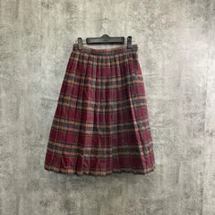 【T-467】レディース M チェックスカート ウールスカート プリーツスカート 赤系チェック 膝丈スカート タータンチェック 秋冬スカート 古着 レディーススカート ウール混 クラシック