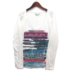 ディーゼル DIESEL Uネック Tシャツ カットソー ロンT プリント スパンコール ビーズ 長袖 ホワイト S