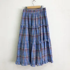 PUNYUS チェックフリルティアードロングスカート ウエストゴム フレアスカート コットン100% ブルー サイズ3 2L-5L相当
