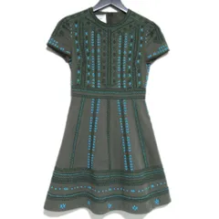 美品 VALENTINO ヴァレンティノ ショートスリーブ 半袖 ひざ上丈 ビーズ刺繍 エンブロイダリー ワンピース ドレス 36 160/76A カーキ レディース 古着 中古 USEDのサムネイル