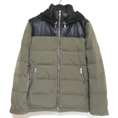 美品 wjk ダブルジェイケイ ラムレザー切り替え ジップアップ フーディー ダウンジャケット Sサイズ カーキ×ブラック メンズ 古着 中古 USED