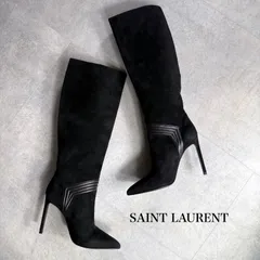 美品 SAINT LAURENT PARIS　サンローラン スエードレザー ロングブーツ ブラック 黒 ハイヒール 38 レディースシューズ 25cm　S01のサムネイル