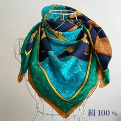 トラサルディ 大判スカーフ シルク100% 88cm x 88cm 時計柄 グリーン×ブルー ヴィンテージ 日本製のサムネイル