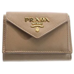 PRADA (プラダ) サフィアーノレザー ロゴプレート コンパクトウォレット コインケース 三つ折りウォレット ベージュ 1MH021QWA