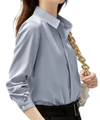 [グリーンパキラ] レディース ブラウス 長袖 きれいめ トップス シャツ 春 秋 冬 シャツブラウス スーツ インナー 襟付き Vネック 大きいサイズ オフィス 事務服 通勤 おしゃれ シンプル 無地 (2XL, ブル [ブルーグレー] [2XL] [標準]