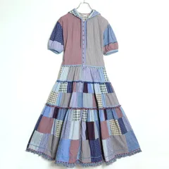 ピンクハウス★総パッチワーク♪半袖ワンピース 青系ミックス フード付き オリチェ&ギンガム♪z18543