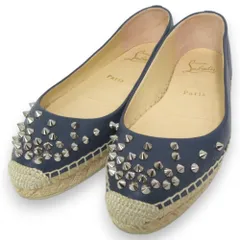 美品 Christian Louboutin クリスチャンルブタン スパイク スタッズ エスパドリーユ フラットシューズ 35 約22cm ネイビー×ベージュ系 レディース 古着 中古 USED
