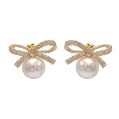 ピアス リボン ハート レディース ジルコニア czダイヤモンド キラキラ シルバー s925 ジュエリー レディーススタッド クリスマス 金属アレルギー対応 (大きい真珠リボン) 0