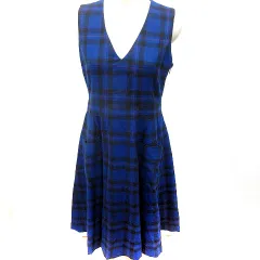 オノレ HONORE' ワンピース Aライン ひざ丈 ノースリーブ チェック ウール 青 ブルー /RT