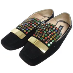 美品 Sergio Rossi セルジオロッシ ストーン ビジュー プレート ベロアフラットシューズ パンプス サイズ35 22.5cm相当 ブラック レディース 古着 中古 USED