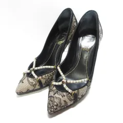 美品 RENE CAOVILLA レネ カオヴィラ レース フェイクパール ポインテッドトゥパンプス 34 21cm相当 ブラック ベージュ レディース 古着 中古 USED