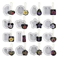 シリコンモールド レジン 16個セット 穴あき 長方形 正方形 丸 ハート UVレジン型 エポキシ樹脂 粘土 石膏 抜き型 ペンダント ピアス イヤリング ネックレス キーホルダー アクセサリー DIY手作り 再利用可能 (16個セット) 1