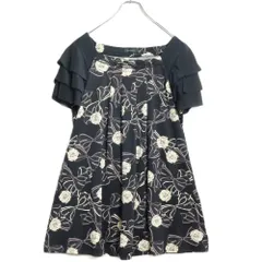 【美品】インゲボルグ★かぶせ段々シフォン袖♪ゆったりチュニック ブラウス 紺系 サイズ11 カメリアリボン柄 薄手 z18555