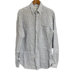 美品 Brioni ブリオーニ ストライプ柄 リネン100％ 長袖 シャツ サイズ2 ホワイト×ブルー メンズ 古着 中古 USED