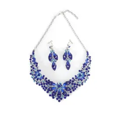 [ＫＫ　Ｓｏｌｉｓ] フラワーモチーフ ゴージャスネックレス＆イヤリング大ぶり 豪華 高見えビジューアクセサリー 結婚式 二次会 パーティー 演奏会 発表会 舞台映え ドレスアップ (ブルー・イヤリング) [ブルー]