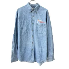 90s LANDS' END 長袖 デニムシャツ L ライトブルー ランズエンド ボタンダウン 90年代 ワンポイント 刺繍 胸ポケット 春物 a803-5561