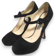 良品 PRADA プラダ メリージェーン スエード アンクルストラップ ハイヒール パンプス サイズ37 約24cm ブラック レディース 古着 中古 USED