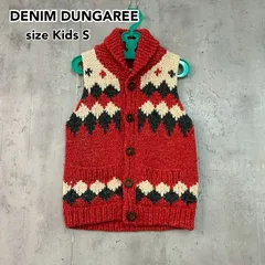 DENIM DUNGAREE デニムダンガリー レッド系 カウチンベスト ニットベスト 前開き ボタン留め ショールカラー ヘビーウェイト 厚手 幾何学模様 ダイヤ柄 総柄 キッズ ジュニア 子供服 トップス カジュアル アメカジ キッズSサイズ ★ ◆■