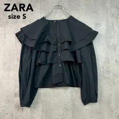 ZARA ザラ ブラック ブラウス シャツ 7901/911/800 フリル ボリュームカラー ティアード 襟付き 長袖 バルーンスリーブ パフスリーブ トップス コットン 綿 無地 モード エレガント 大人可愛い  Sサイズ ★ ■◇