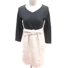 プロポーション ボディドレッシング PROPORTION BODY DRESSING ワンピース Aライン ひざ丈 長袖 総柄 ウエストマーク 2 グレー クリーム /RT