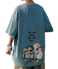 [Lunenon Soleil] 【個性を引き出す動物プリント】メンズ 半袖Tシャツ 丸首 カジュアル ゆったり ビッグシルエット 夏用 動物柄 綿混素材 プリント おしゃれ 猫 (JP, アルファベット, 2XL, ブルー) [ブルー] [2XL]