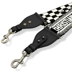 新品同様　クリスチャンディオール　Christian Dior　エンブロイダリー　ショルダーストラップ　チェッカー　チェック　キャンバス　レザー　ブラック　ホワイト　黒　白　シルバー金具　ストラップ　のみ　単品　dk6