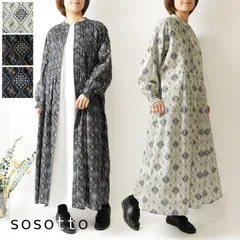 【新品】【sosotto ソソット】格子花柄 ピンタック ウエスト ドロスト ワンピース (42612118)レディース 春 夏 ロング 長袖 花柄 綿100% コットン 大人可愛い ゆったり フレア Aライン ナチュラル 服 新作 30代 40代 50代