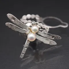 R613 本真珠 4.1-4.6mm2珠 パール SILVER刻印 ピンブローチ 蜻蛉 トンボ デザイン シルバー コサージュ 6月誕生石