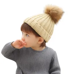 [Capprecier] 子供用 ニット帽 ポンポン付き ビーニー 帽子 キッズ 冬用 防寒 あったか かわいい 女の子 男の子 ウール 厚手 折り返し リブ編み プレゼント 5色展開 (JP, 年齢, 4 Years, カーキ [カーキ] [4 Years]