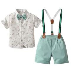 男の子カジュアルスーツセット 子供フォーマル ブレザー タキシード風 2点セット 半袖シャツ+サスペンダーハーフパンツ 卒園式 入園式 お宮参り 結婚式 入学式