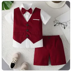 男の子カジュアルスーツセット 子供フォーマル ブレザー タキシード風  2点セット ベスト付きシャツ＋ハーフパンツ 卒園式 入園式 お宮参り 結婚式 入学式
