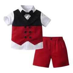 男の子カジュアルスーツセット 子供フォーマル ブレザー タキシード風 2点セット ベスト付き半袖シャツ＋ハーフパンツ 卒園式 入園式 お宮参り 結婚式 入学式