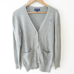美品 Ralph Lauren ラルフローレン ポニー刺繡 金ボタン 長袖 Vネック ニット カーディガン キッズサイズ L 12-14 グレー キッズ 古着 中古 USED