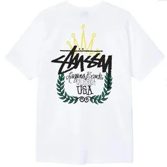 STUSSY ステューシー クラウン ロゴ Tシャツ 半袖 メンズ レディース ストリート スケーター サーフ ロゴT 人気 ブランド 夏服 トップス オーバーサイズ ビッグロゴ ストックロゴ ラグナビーチ USA　ホワイト　白