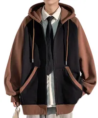 [Lunenon Soleil] ジップパーカー メンズ パーカー 秋冬 冬服 フルジップ フード付き ビッグシルエット ジップアップ 春服 長袖 韓国風 大きいサイズ カジュアル ラグランスリーブ 配色切替 スウェット ライト [ブラック/コーヒー] [M]