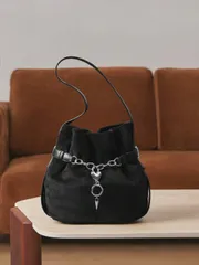 バッグ レディース ショルダーバッグ レディース ショルダーバッグ、ホーボーバッグ、バケツバッグ、ベルベット、スプリッシング、PU、ブラック、チェーンデコレーション、ハート型ハードウェアペンダント、レトロ、ヴィンテ