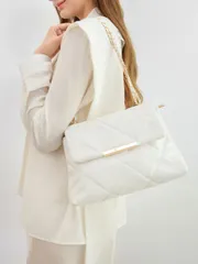 バッグ レディース トートバッグ キルティングパターン フラップ スクエアバッグ メタルデコレーションチェーン、ビジネスカジュアル、ポータブル、ティーンガールズ、女性、大学生、ホワイトカラー、オフィス、大学、小学校