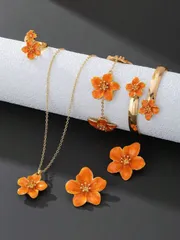 ジュエリー レディース フットアクセサリー ドーパミン着想 ハンドメイド レトロ オレンジ 5弁の花ペンダントネックレス1個、ピアス1ペア、ブレスレット1個、リング1個、バングル1個、女性夏用ジュエリーセット、多様