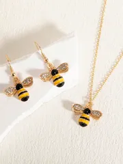 ジュエリー レディース セット 1個ネックレス+1ペアピアス ファッション ハイエンド エレガント キュート パーソナライズ ラインストーン フォーパール 昆虫カラフルペンダント マルチピースジュエリーセット、日常