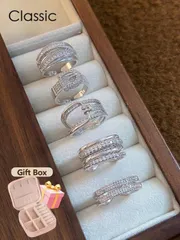 リング レディース セット 5個セット 調整可能なオープンリング + ギフトボックス、豪華な誇張 ファッションデザイン キュービックジルコニアリング、式典、パーティー、結婚式、ブライダルウェアに適しています