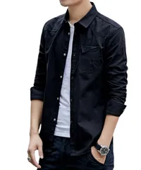 [レンロック] シャツ メンズ 長袖 カジュアル コットン 無地 スナップボタン 綿100 春秋 (XL, ブラック) [ブラック] [XL]